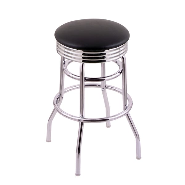 25" Counter Stool, Chrome Finish, Accent Ring, Blk Vinyl Seat, 360 Swivel